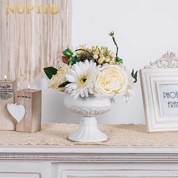 Nuptio Pcs of 2 Mini Sized Metal Urn Planter Elegant Wedding Centerpieces Vase for Wedding Party Decoration, 12.6cm/4.96" Tall Trumpet Vase Flower Holder for Anniversary Ceremony, White