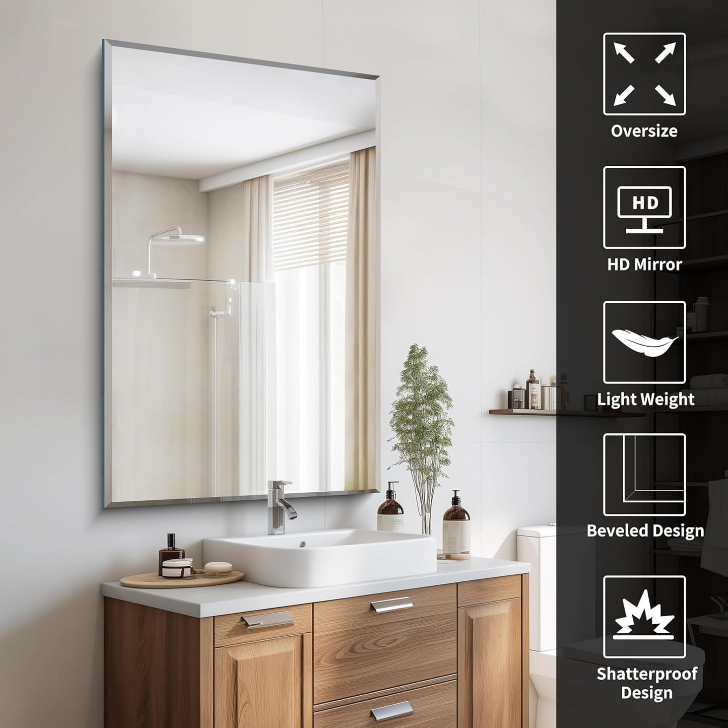 Beveled Bathroom Mirror, 30x48 Large Frameless Mirrors for Over Sink, Upgraded Shatterproof Beveled Frameless Vanity Mirror for Bedroom, Living Room and Entryway (Horizontal/Vertical)