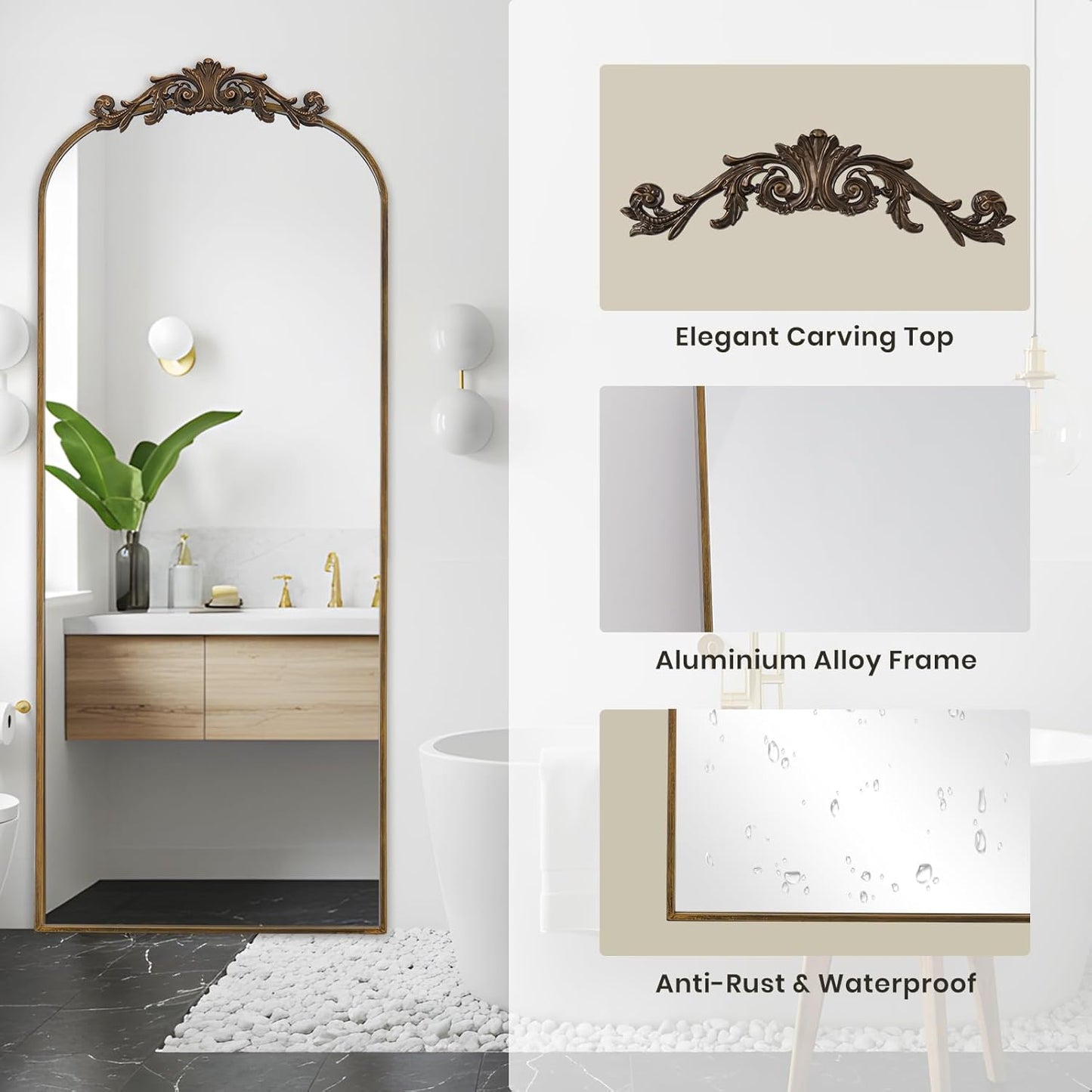 Filigree Floor Mirror 64"x21" Full Length Mirror Freestanding with Vintage Ornate Carved Applique Full Body Hanging Wall Mounted Mirror for Living Room Bedroom Retro Home Decor, Bronze