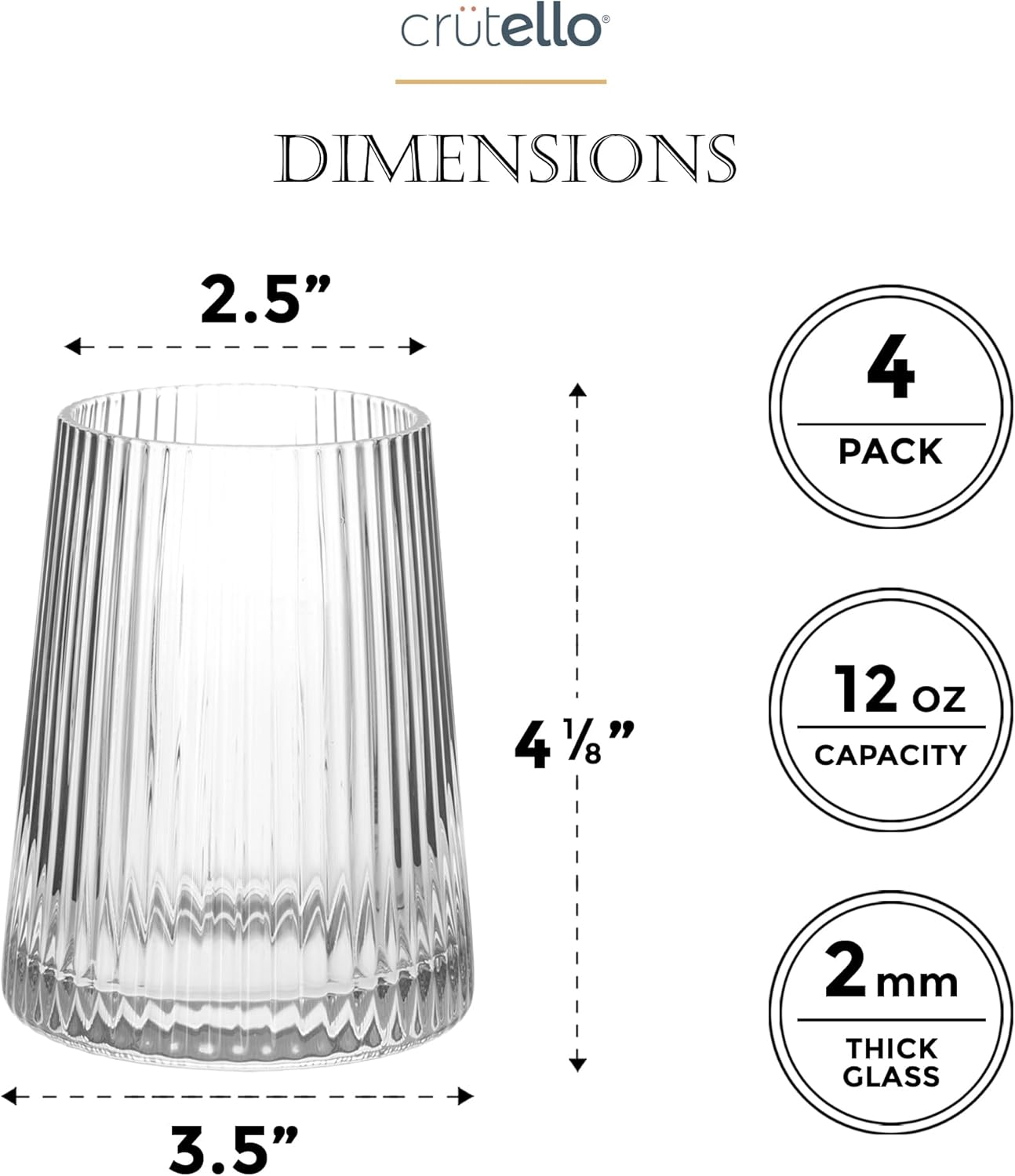 Crutello Modern Wine Glasses 12 oz Stemless, Set of 4, Unique Fluted Glassware with Vintage Ripple Texture, Art Deco Red or White Wine Fancy Glasses