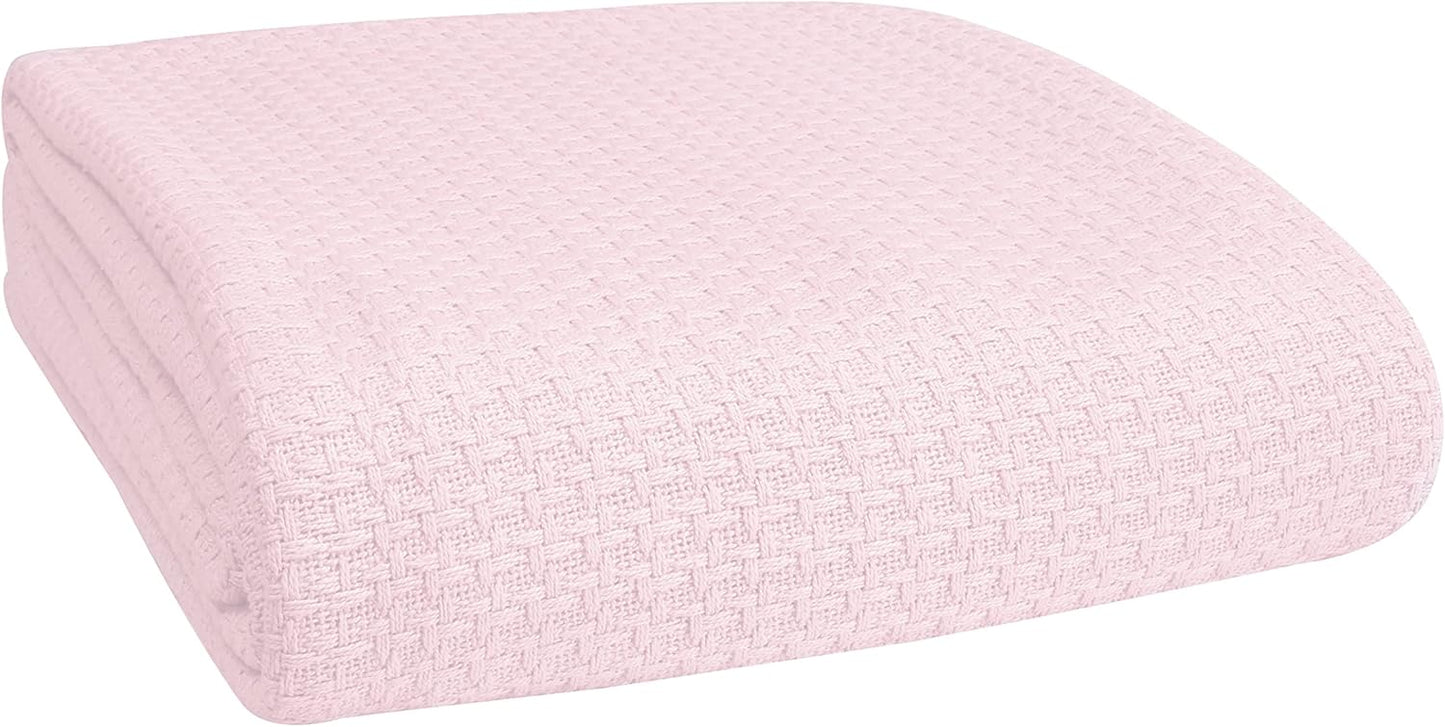 BELIZZI HOME 100% Cotton Bed Blanket, Breathable Bed Blanket Full Queen Size, Cotton Thermal Blankets Full Queen, Perfect for Layering Any Bed for All Season, Baby Pink