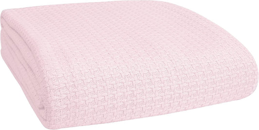 BELIZZI HOME 100% Cotton Bed Blanket, Breathable Bed Blanket Full Queen Size, Cotton Thermal Blankets Full Queen, Perfect for Layering Any Bed for All Season, Baby Pink