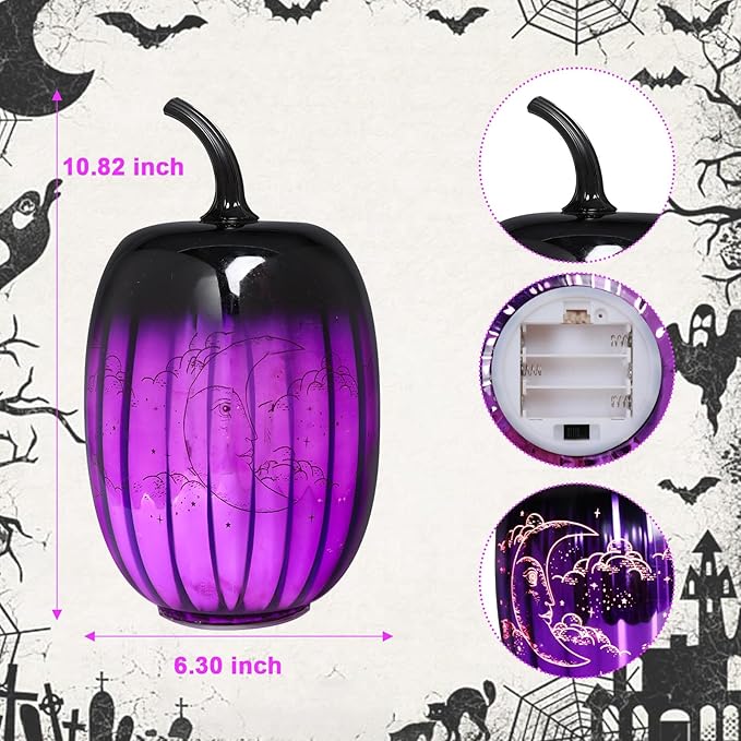 VCUTEKA Glass Pumpkin Lights, Lighted Pumpkins Halloween Decorations for Home, Pumpkin for Indoor Decor and Thanksgiving Centerpieces Tables Decor, Purple
