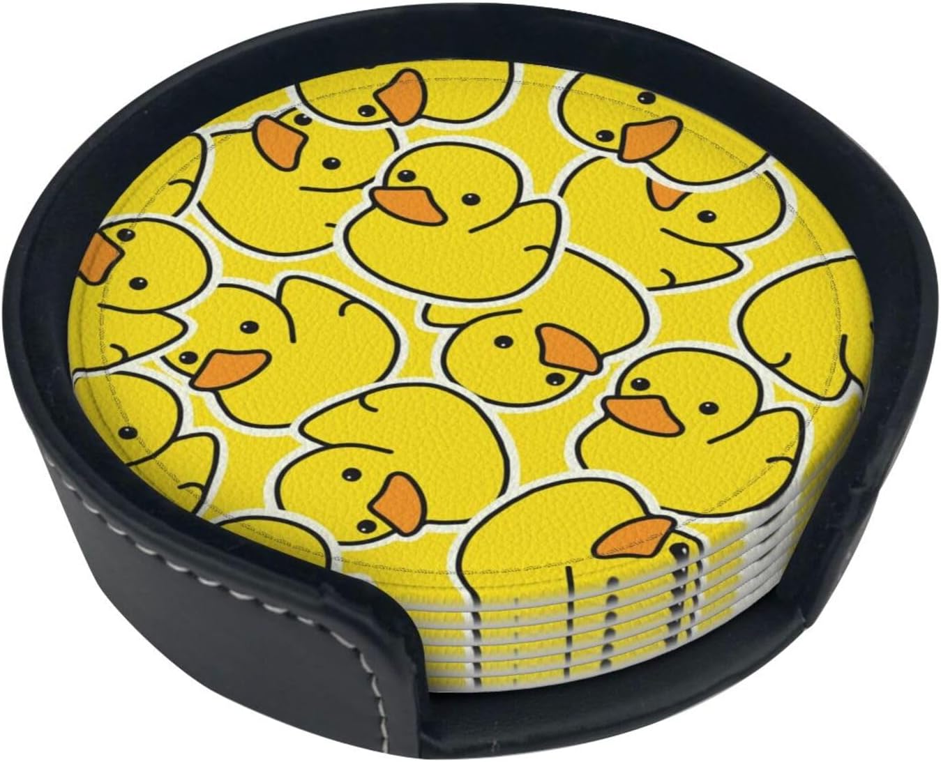 Drink Coasters with Holder Stand Set of 6 Yellow Ducks Pattern Drawing Pu Leather Absorbent Coasters with Cork Base Table Round Coaster for Housewarming Apartment Kitchen Bar Decor