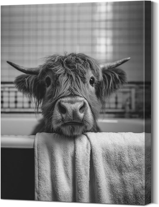 Highland Cow Canvas Wall Art Funny Animal Bathroom Pictures with Wooden Frame, Ready to Hang Lightweight Bathroom Wall Decor for Home, Funny Art and Highland Cow Pictures, Size 12x15.7 Inch
