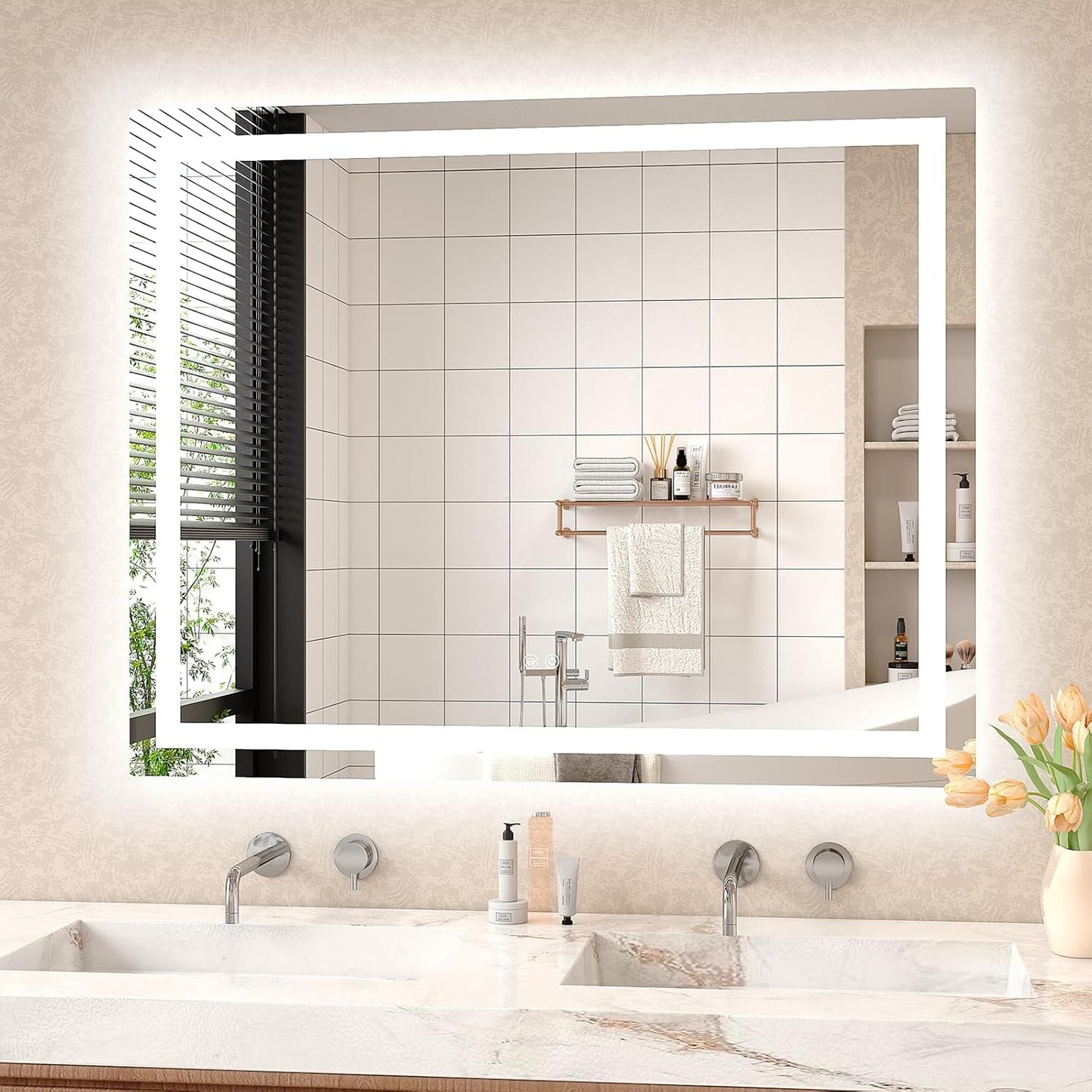 LED Mirror for Bathroom 40x32 Lighted Bathroom Vanity Mirrors with Lights, Brighter Frontlit and Backlit Anti-Fog Mirror, Tempered Glass, Dimmable 3 Colors Light Modes, Memory Function