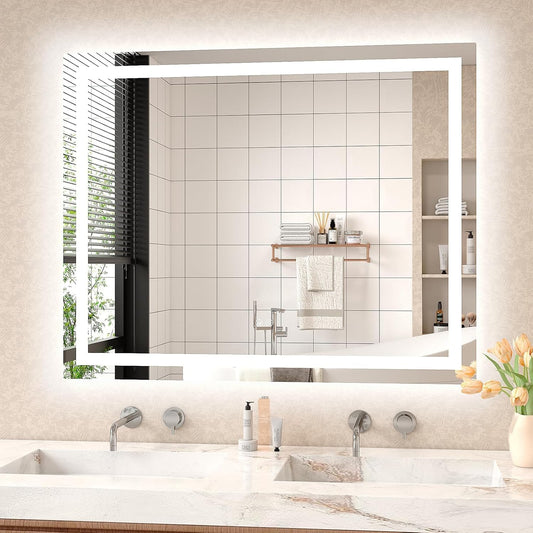 LED Mirror for Bathroom 40x32 Lighted Bathroom Vanity Mirrors with Lights, Brighter Frontlit and Backlit Anti-Fog Mirror, Tempered Glass, Dimmable 3 Colors Light Modes, Memory Function