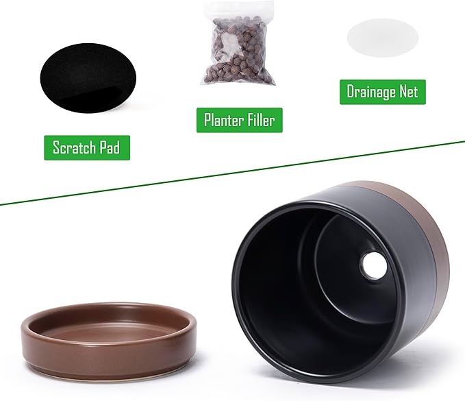 D'vine Dev Set of 2 Plants Pots, 4.7 Inch Ceramic Planter Pot for Plants with Drainage Hole and Saucer, Black/Speckled Tan, 94-V-B-7