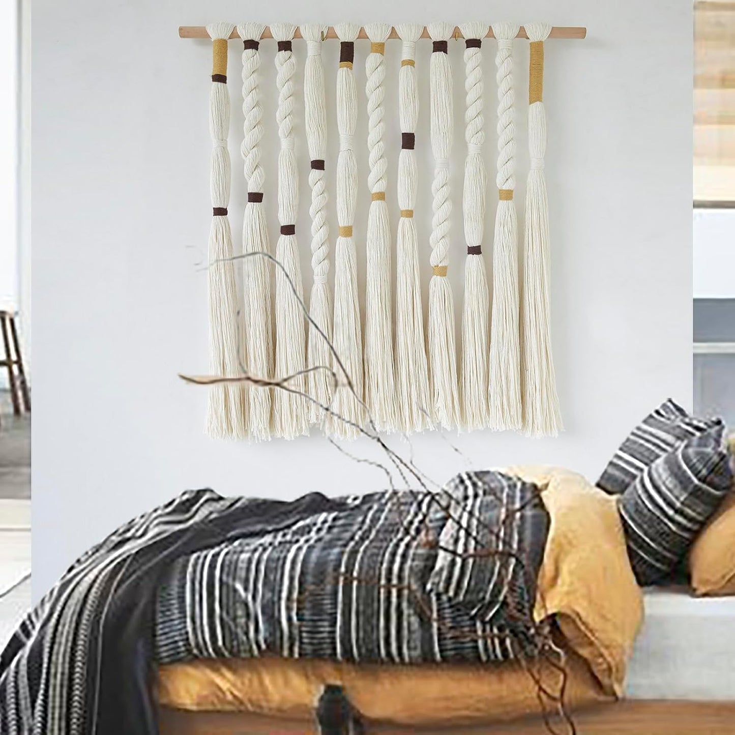 Macrame Wall Hanging with Braided Knot and Tassel Fringe, Handmade Boho Wall Art for Bedroom, Living Room, or Entryway Decor 27" W x 29" L