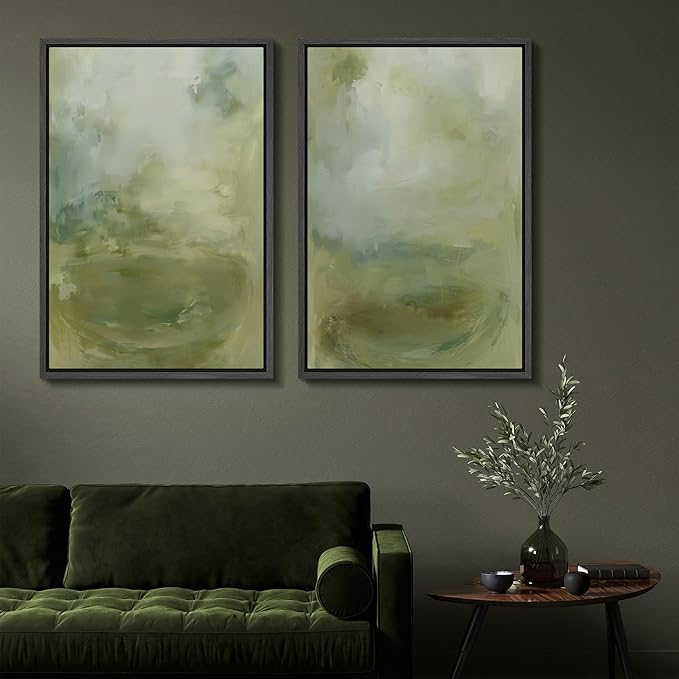 SIGNFORD Framed Canvas Print Wall Art Set Soft Green Abstract Contemporary Neutral Landscape Illustration Modern Art Decorative Nordic Nature for Living Room, Bedroom, Office - 24"x36"x2 Black