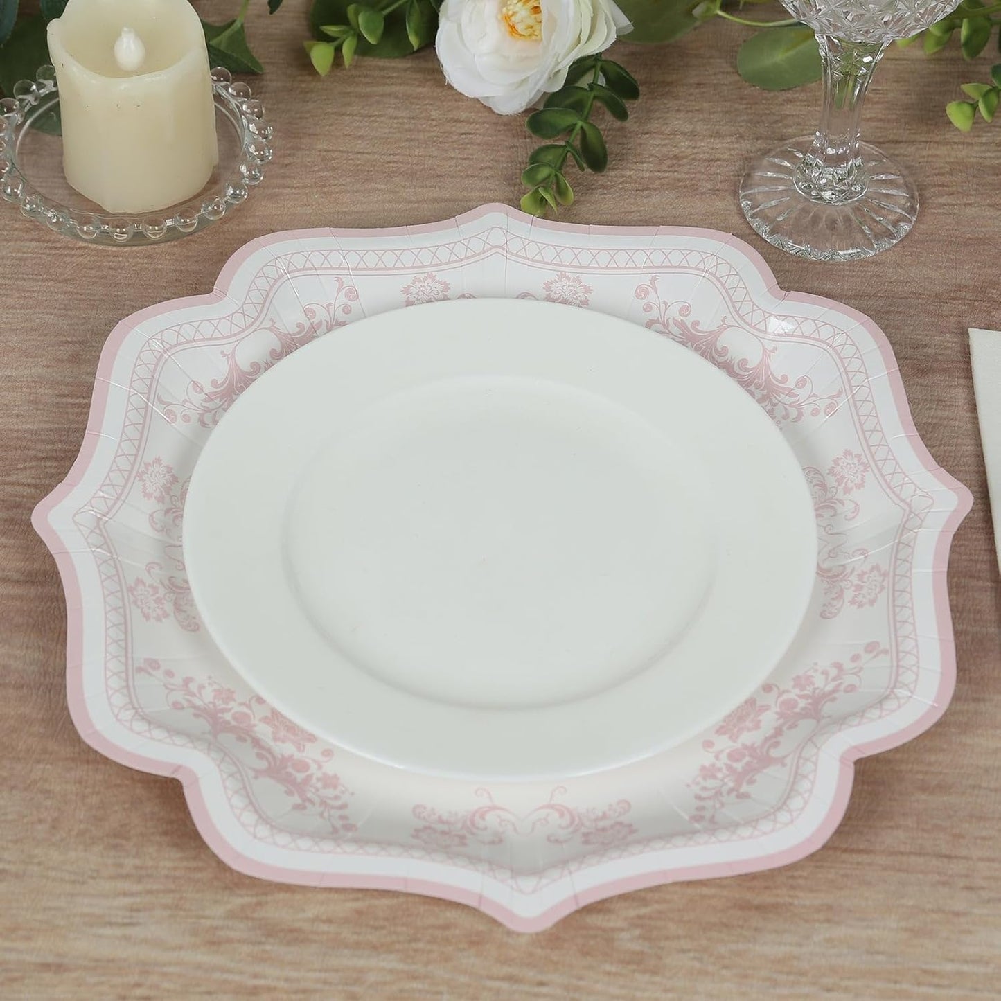 Efavormart 25 Pack White Pink Paper Dinner Plates in Damask Floral Pattern, 10" Disposable Party Plates with Scalloped Rims - 300 GSM