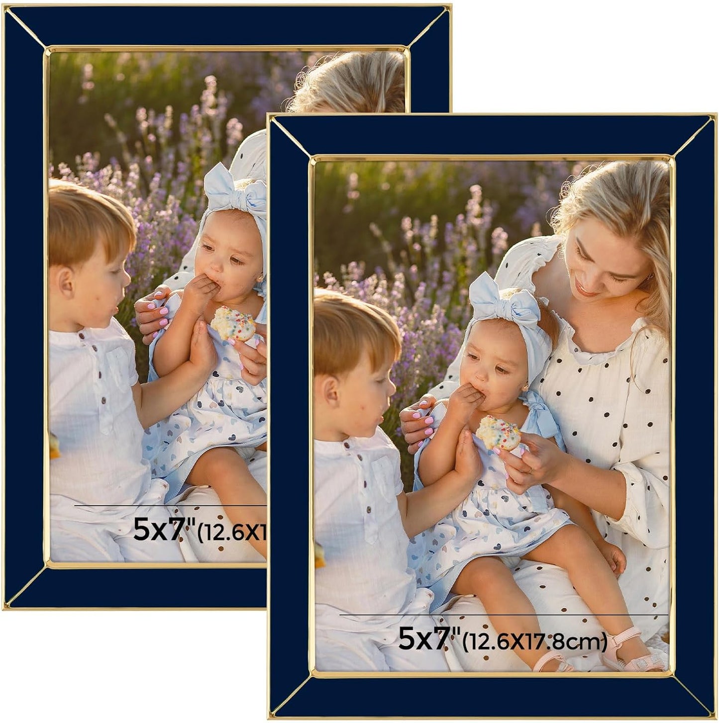 Frametory Enamel Picture Frame - 5x7 Gold Metal Edge Navy Blue Enamel Picture Frame With Easel and Velvet Back for Tabletop Display, Bookshelf, 5x7 Wall Decor, Photo Frames, Picture Display-2 Set