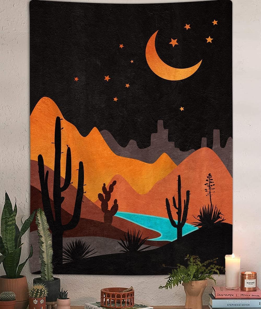 DYNH Boho Western Vertical Tapestry, Bohemian Mountain Desert Cactus Tapestries, Asthetic Minimalist Mid Century Sunset Tapestry Wall Hanging for Bedroom College Dorm Home Decor,36X48IN