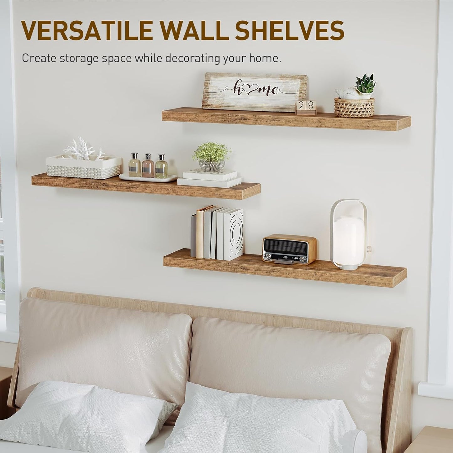 Floating Shelves for Wall, 1.5" Thick Wall Shelf Set of 3 with Invisible Bracket, L39.4 x W7.9 Hanging Shelves Farmhouse Home Decor for Bathroom, Living Room, Bedroom Rustic Brown 10301BJP3BF