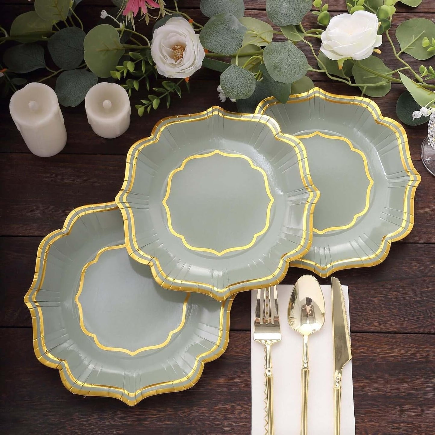 Efavormart 25 Pack Sage Green Appetizer Dessert Paper Plates With Scalloped Gold Rim, 8" Disposable Salad Plates - 300 GSM