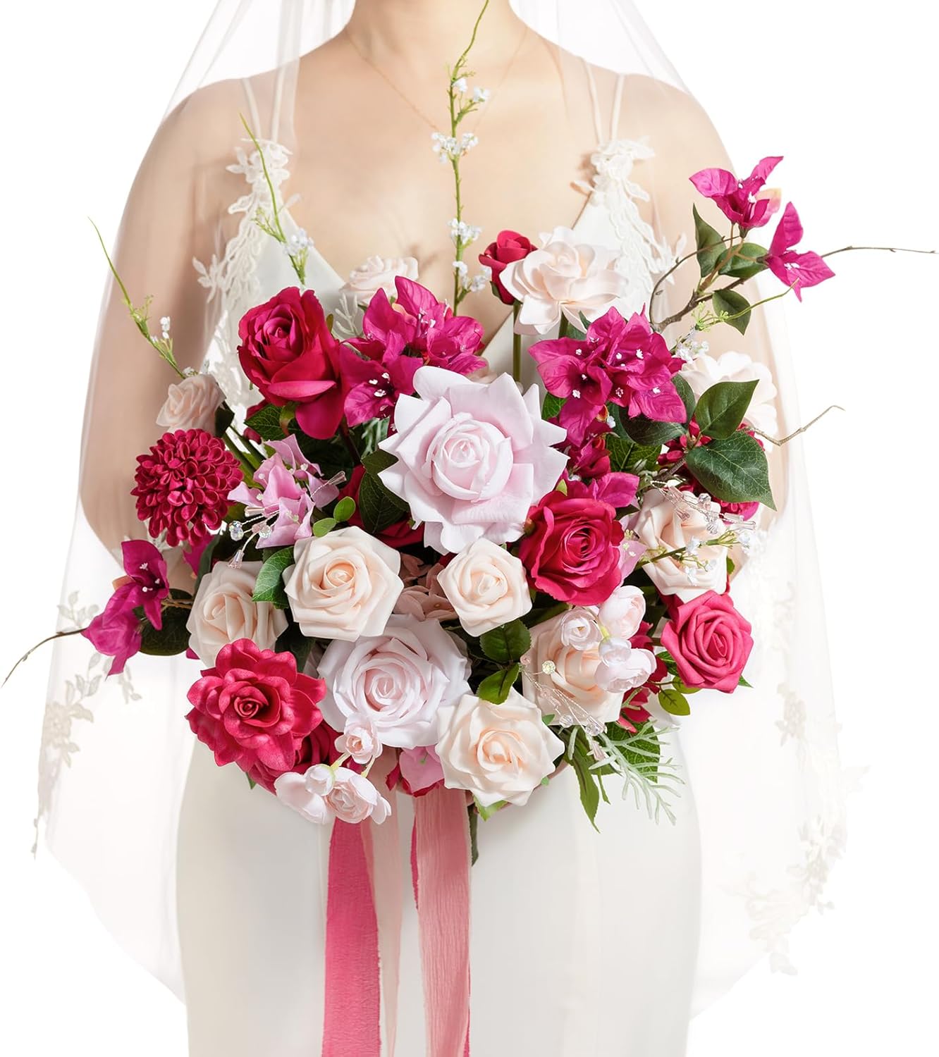 Ling's moment Blush Pink Wedding Bouquets for Bride, Dusty Rose Bridal Bouquets for Bride, 13 Inch Free Form Artificial Wedding Flower Bouquet