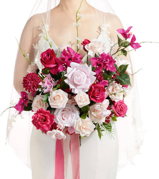 Ling's moment Blush Pink Wedding Bouquets for Bride, Dusty Rose Bridal Bouquets for Bride, 13 Inch Free Form Artificial Wedding Flower Bouquet