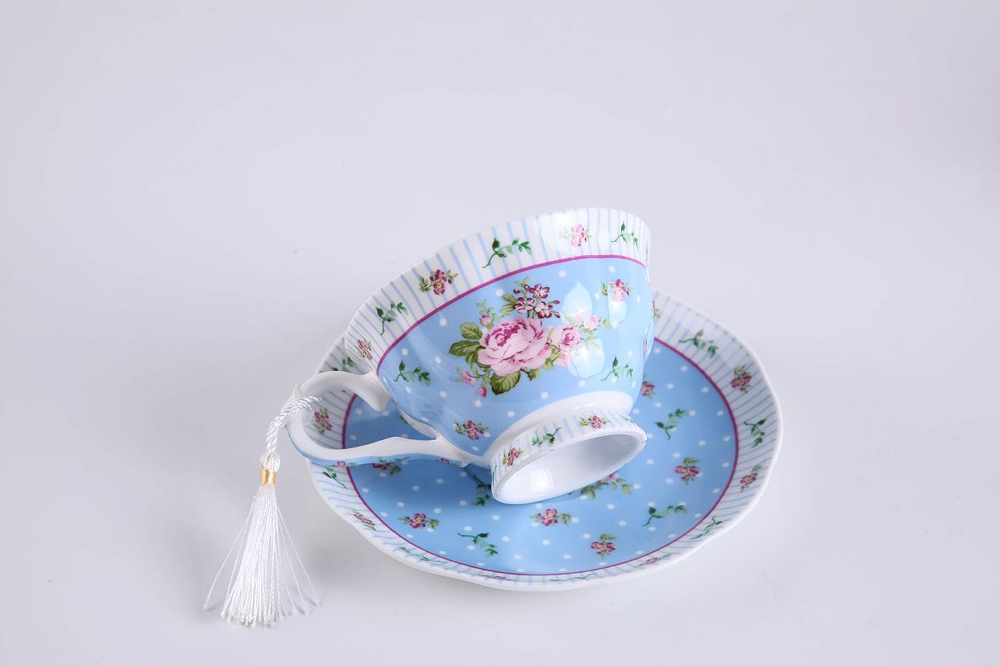 London Boutique Coffee Tea Cups and Saucers Set Afternoon Tea Vintage Flora Rose Gift Box 7.5oz (Rose Blue Set 2)