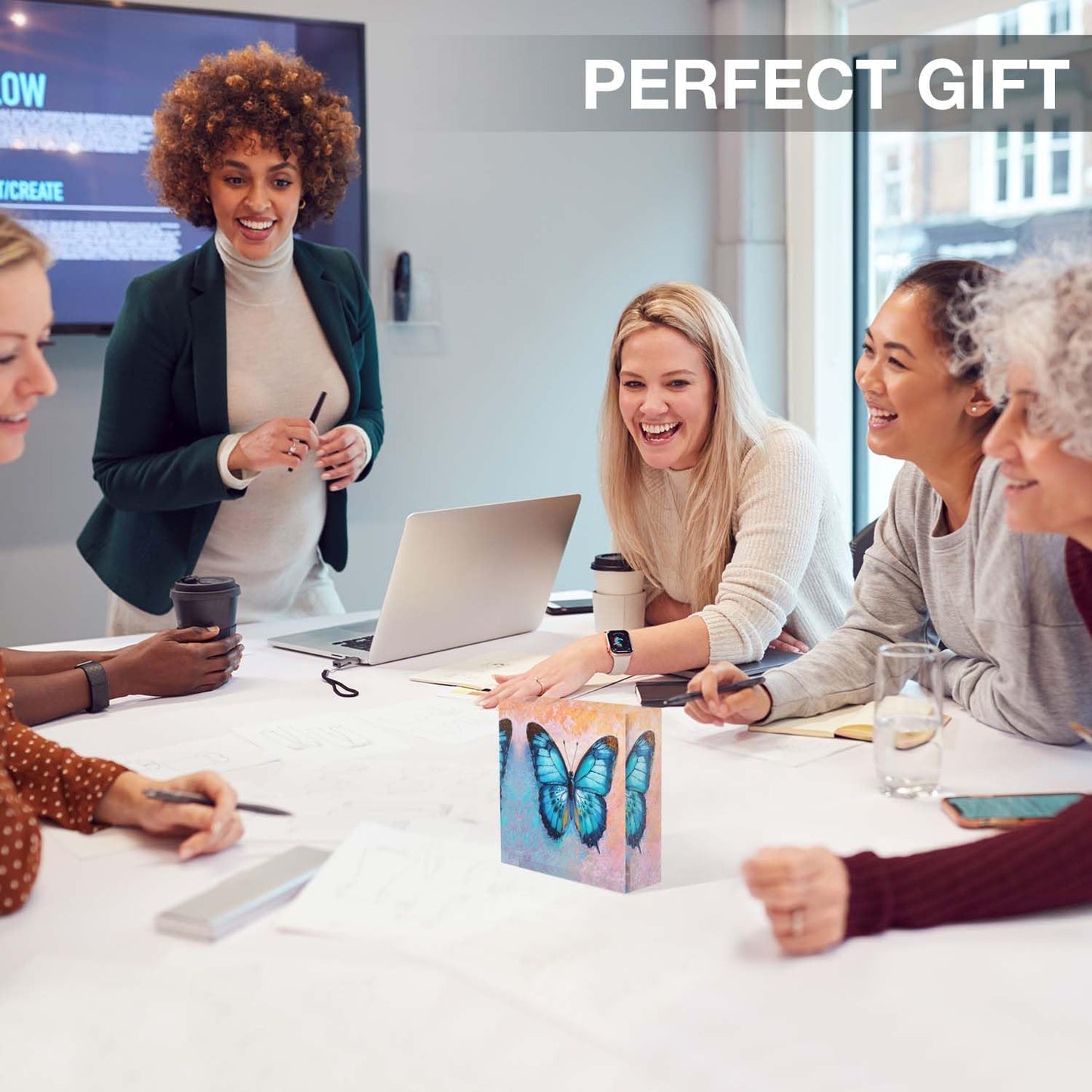 NOHSHE Acrylic Desk Decor - Oil Painting of Blue Butterfly - 4x4 Tabletop Wall Sign - Appreciation & Housewarming Presents for Coworkers & Friends