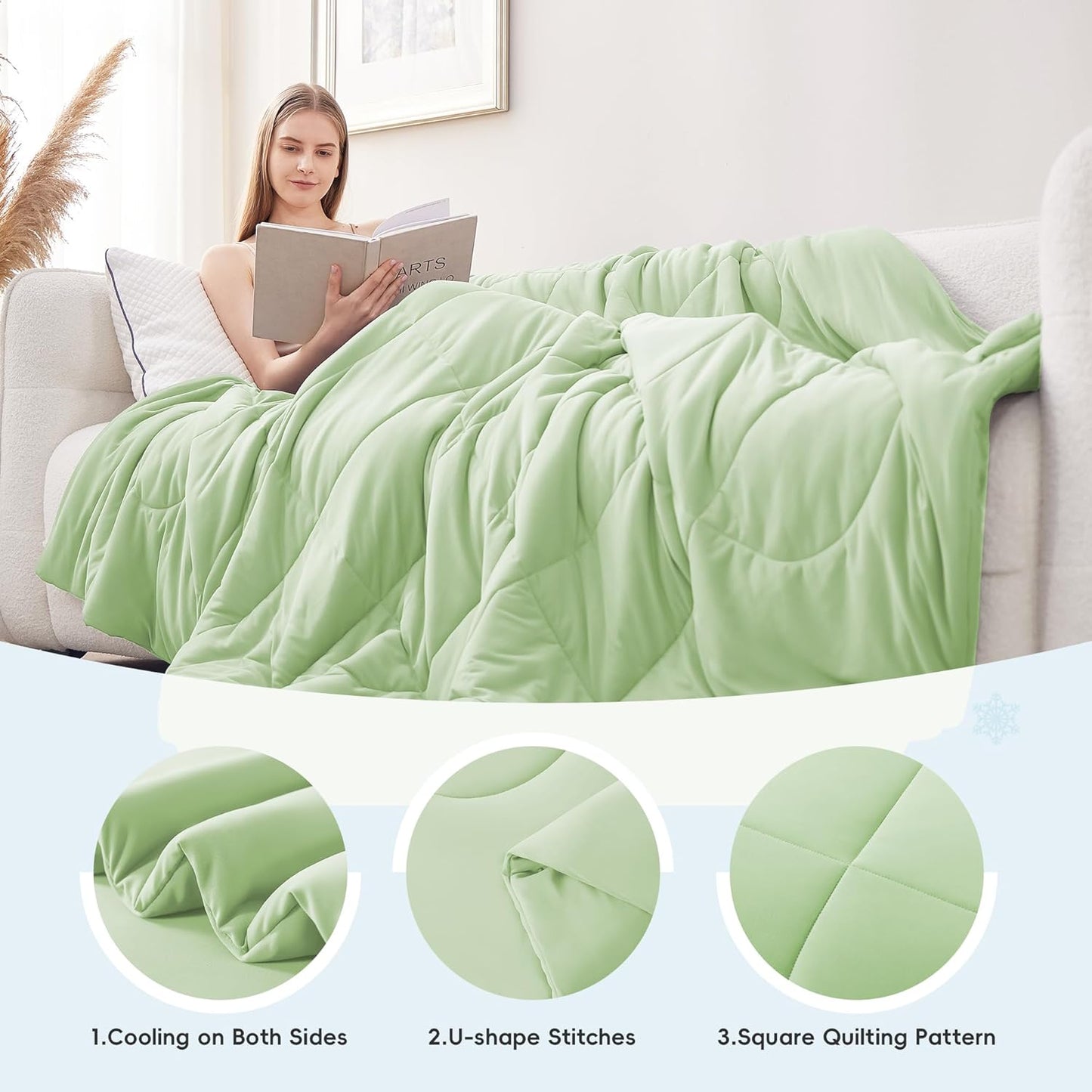 Cooling Comforter Full/Queen Size, All Season Blanket for Hot Sleepers, Lightweight Comforter for Night Sweats, Double-Sided Cooling Bedding for Bed, Sofa, Office, Camping (Sage Green,90"*90")