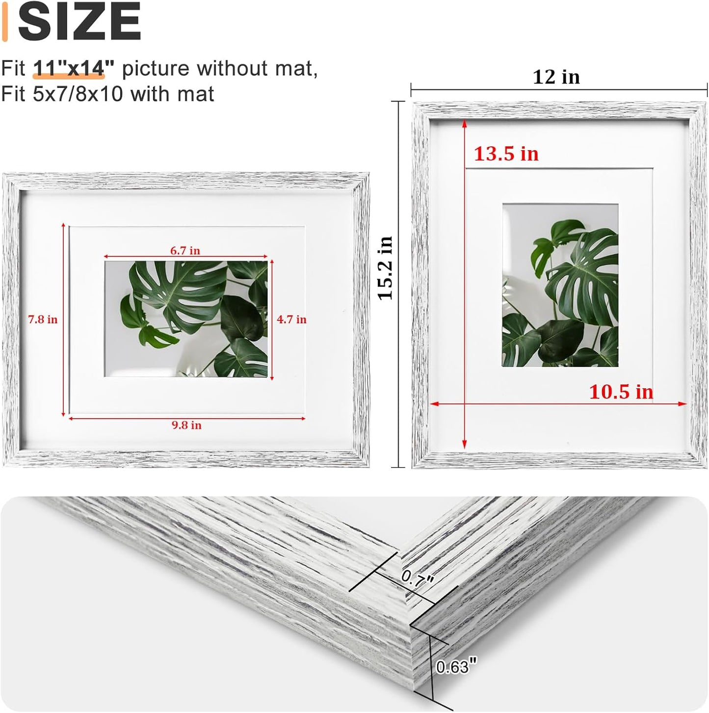 Egofine 11x14 Picture Frames Set of 4, Made of Solid Wood Covered by Plexiglass 5x7 and 8x10 with Mat or 11x14 without Mat, for Table Top Display and Wall Mounting Photo Frame Driftwood White