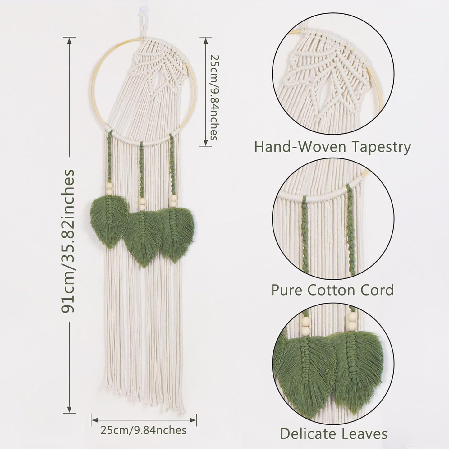 LB Boho Leaf Small Macrame Wall Hanging Green and Beige Hand Woven Cotton Tapestry Wall Art with Wood beads Modern Aesthetic Wall Decor for Home, Bedroom, Living Room