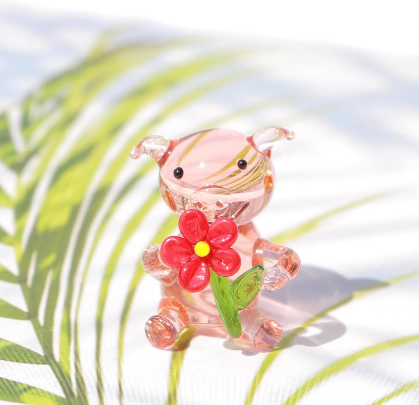Miniature Hand Blown Glass Pig Figurine Crystal Animal Decor, Home Statues Collectible Figurines 3D Animal Ornament for Women & Men Flower