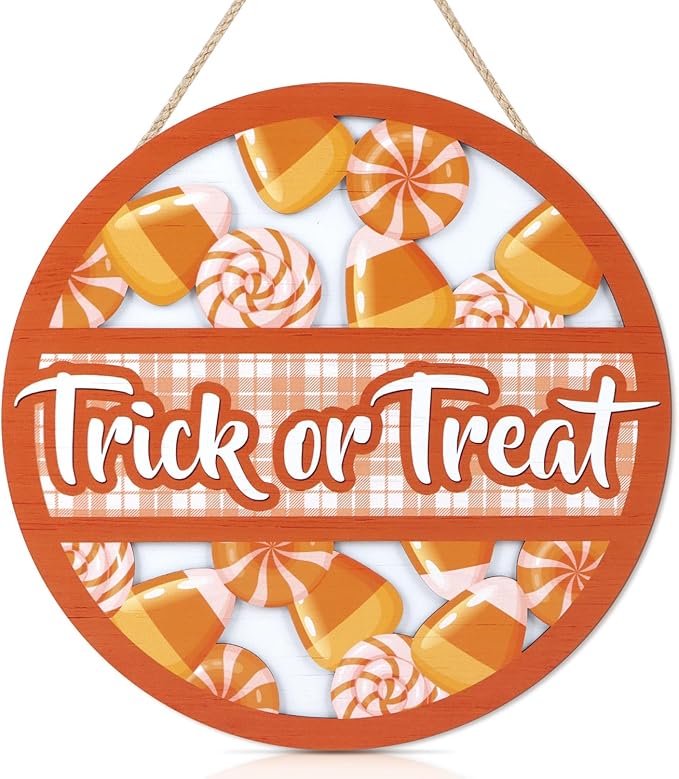 TOARTi 3D Halloween Trick or Treat Front Door Sign Hanging(11.4x11.4''), Rustic Lollipop Candy Cone Wall Decor, Farmhouse Halloween Wooden Plaque for Home Classroom Office