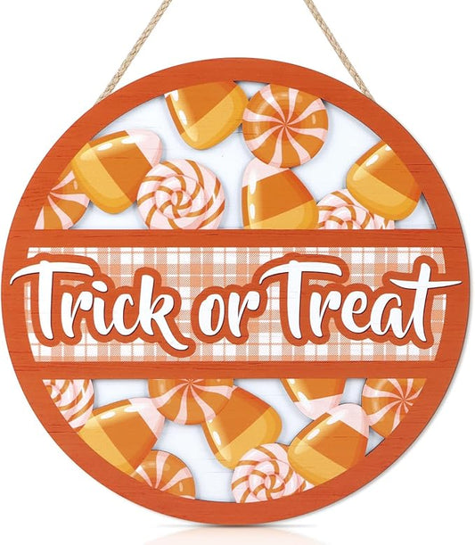 TOARTi 3D Halloween Trick or Treat Front Door Sign Hanging(11.4x11.4''), Rustic Lollipop Candy Cone Wall Decor, Farmhouse Halloween Wooden Plaque for Home Classroom Office