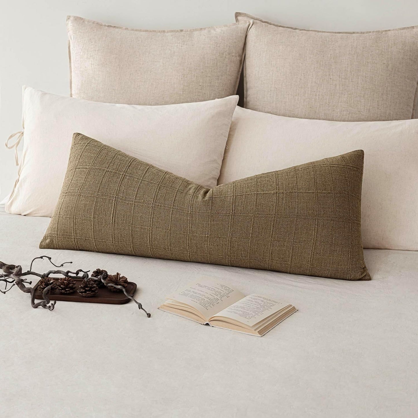 Foindtower Set of 2 Decorative Linen Check Throw Pillow Covers Neutral Long Body Lumbar Cushion Covers Farmhouse Vintage Boho Home Decor For Sofa Chair Couch Bedroom Living Room,14×36 Inch,Light Brown