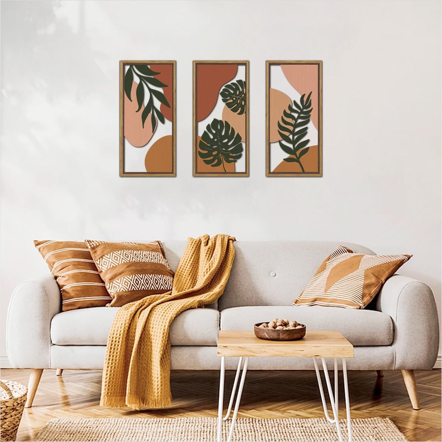 KAIRNE Boho Tropical Wooden Wall Art Set,Botanical Palm Leaf Wood Decor,Farmhouse Geometric Hanging Decor Set of 3(8X16),Framed Minimalist Nature Bohemian Wood Art For Living Room Bedroom Office Decoration,