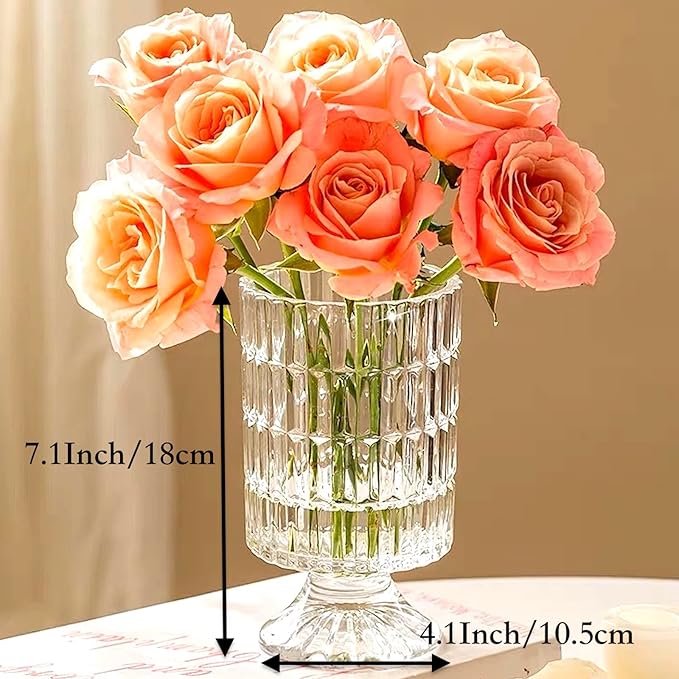 BLOFLO Embossed Glass Vase, 7'' Crystal Glass Vases, Pedestal Big Base Glass Bouquet Vase, Hydroponic Glass Transparent Vase for Home Office Wedding Dining Table Party (Ribbed Pattern)