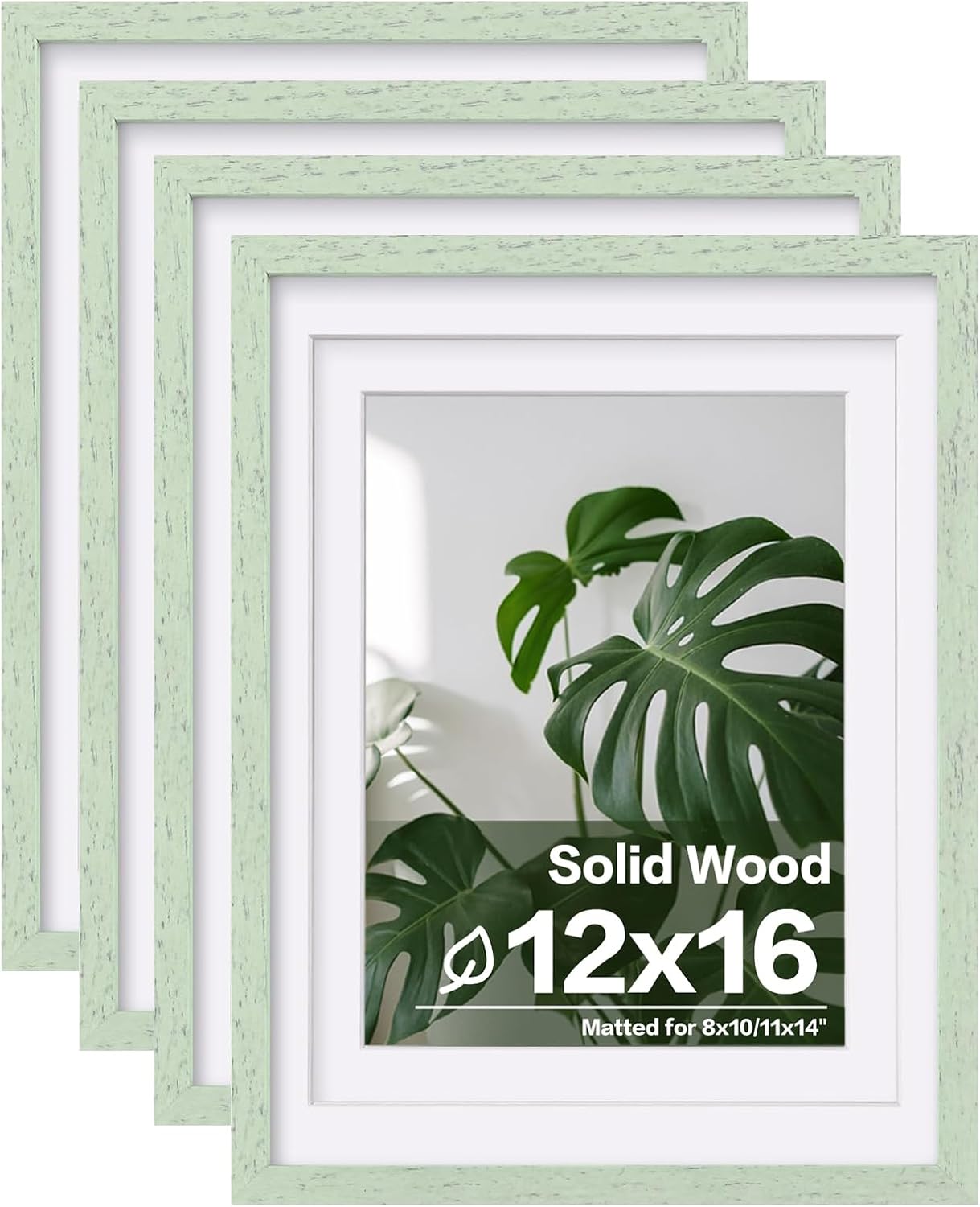 Egofine 12x16 Picture Frames Set of 4, Made of Solid Wood Covered by Plexiglass 9x12 and 11x14 with Mat or 12x16 without Mat, for Wall Mounting Photo Frame Rustic Green