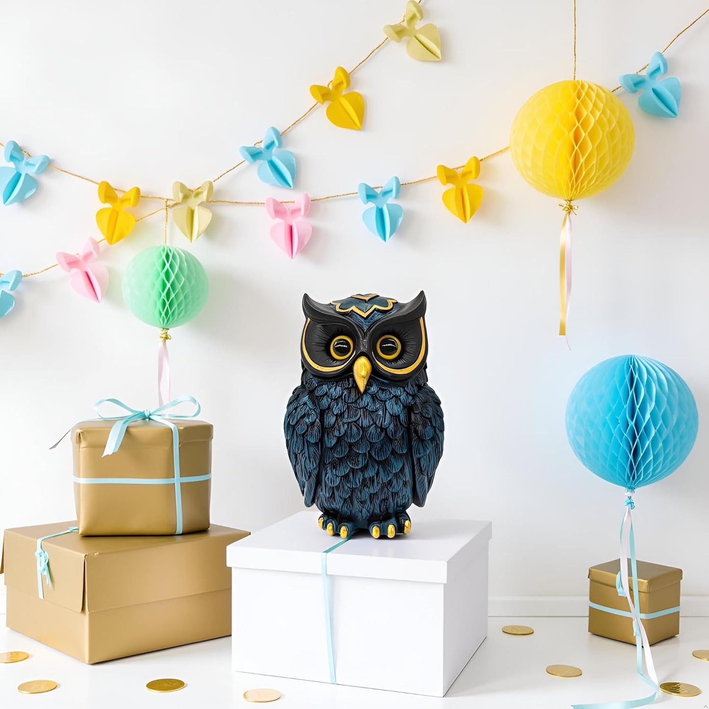 Dark Blue Owl Figurine - Gold Accent Resin Statue, 4.9 Inch Vintage Mystical Decor for Home, Office, Gift for Owl Lovers & Retro Enthusiasts