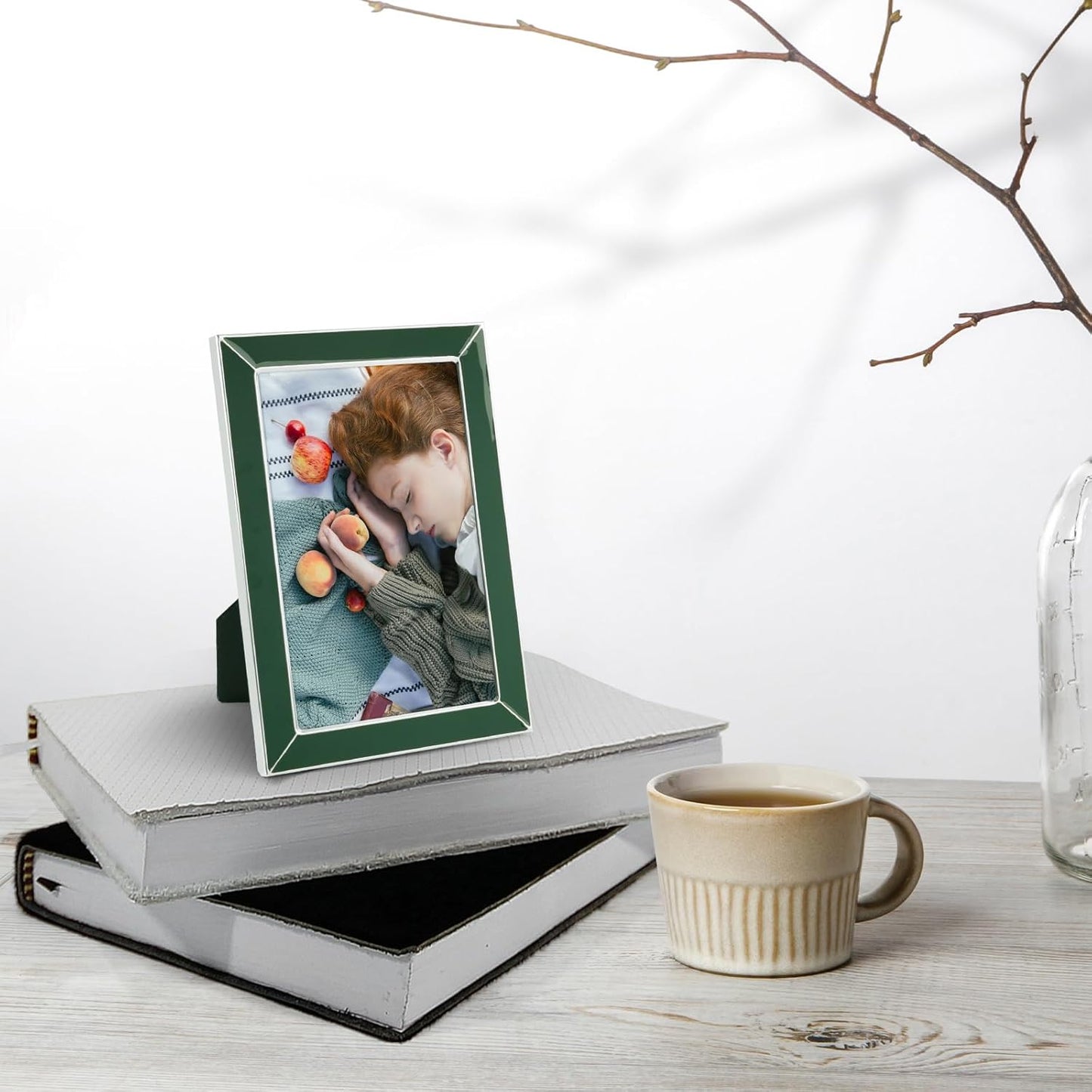 Frametory Enamel Picture Frame - 4x6 Silver Metal Edge Green Enamel Picture Frame With Easel and Velvet Back for Tabletop Display, Bookshelf, 4x6 Wall Decoration, Photo Frames, Picture Display-2 Set