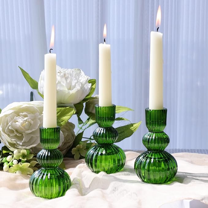 Woho Green Taper Candle Holders Set of 3 for Christmas Decorations, 4.3" H Ribbed Glass Candlestick Holders for Spring Wedding Table, Vintage Candle Sticks Holder Decor Home Decor