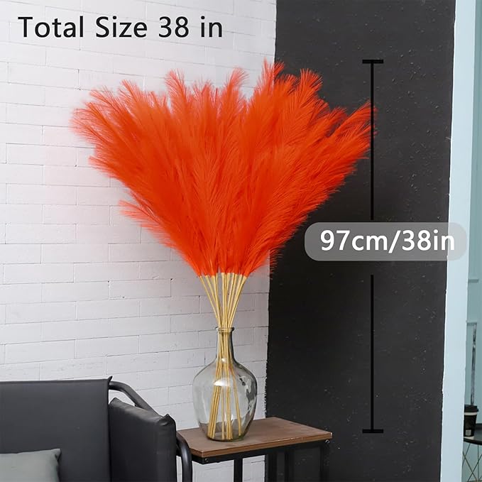 38" 10 Stems Orange Pampas Grass Decor - Tall Faux Pampas Grass for Floor Vase Fluffy Artificial Pampas Grass for Boho Home Wedding Mothers Day Decoration