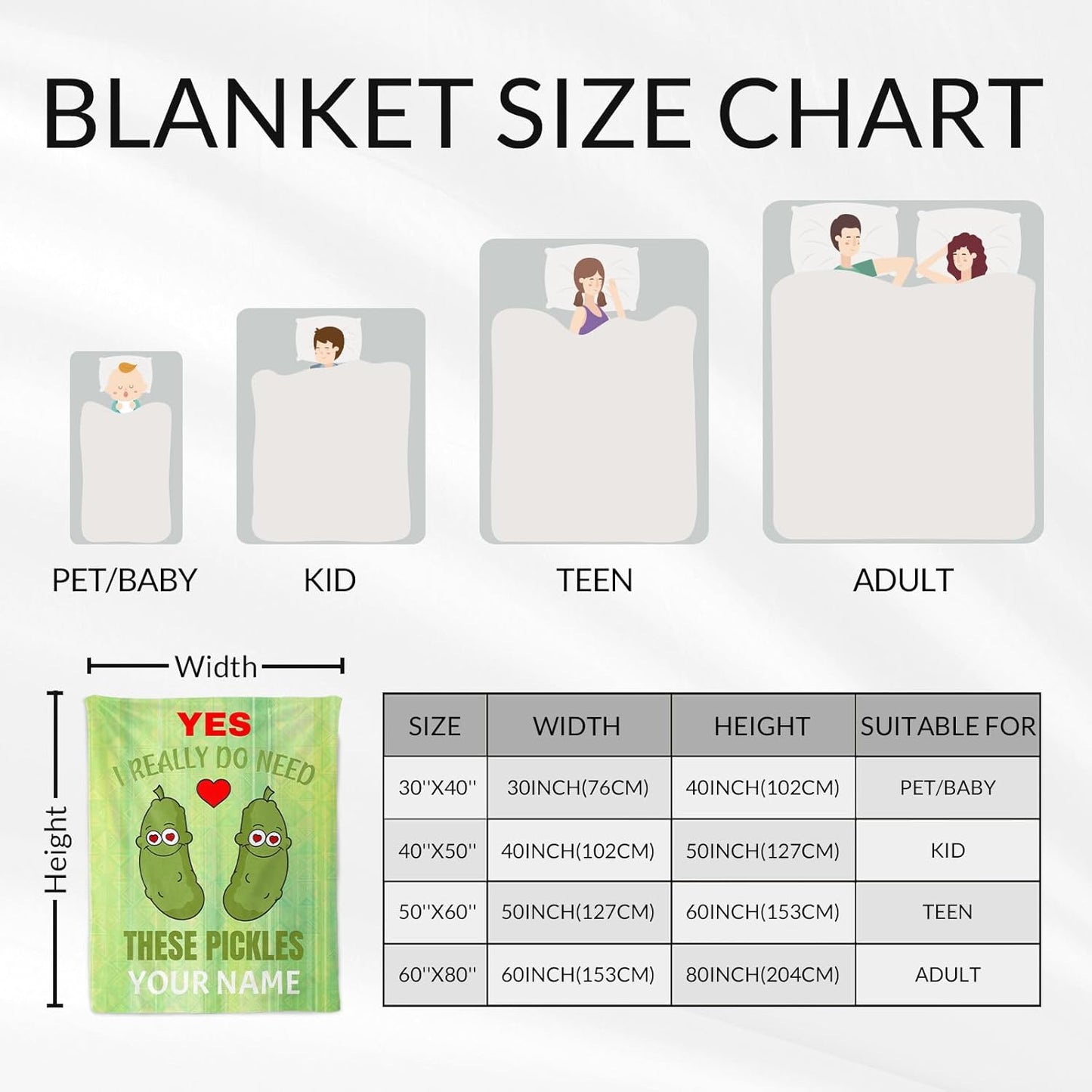 Custom Pickle Blanket for Girls - 60x80 Inches Twin Size with Name - Soft Fuzzy Plush Throws Gift - Light Green Funny Throw Blanket for Bed, Couch, Living Room