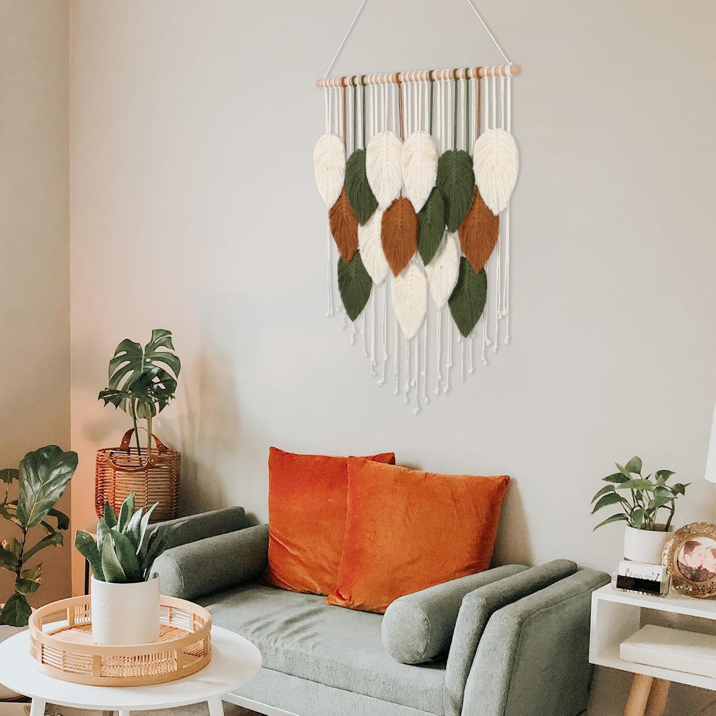 KHOYIME Macrame Wall Hanging Boho Woven Tapestry, Chic Home Decor Modern Bohemian Handmade Leaf Feather Wall Art Decorations for Apartment Dorm Living Room Bedroom Nursery Backdrop 23.6" W X 29.5" L