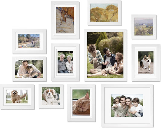 Egofine Picture Frame Set 12 Pack, Picture Frames Collage Wall Decor with Two 8x10, Four 5x7, Four 4x6, Two 4x4, Photo Frames for Wall and Tabletop, Made of Solid Wood, Covered by Plexiglass, White