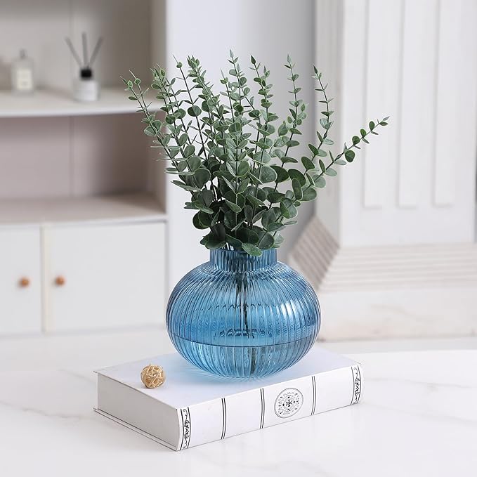 Blue Glass Vase for Tulips, Ribbed Glass Vase for Flowers, Round Flower Vases, Small Short Vases for Living Room, Office, Coffee Table, Shelf, Wedding, 6 Inches