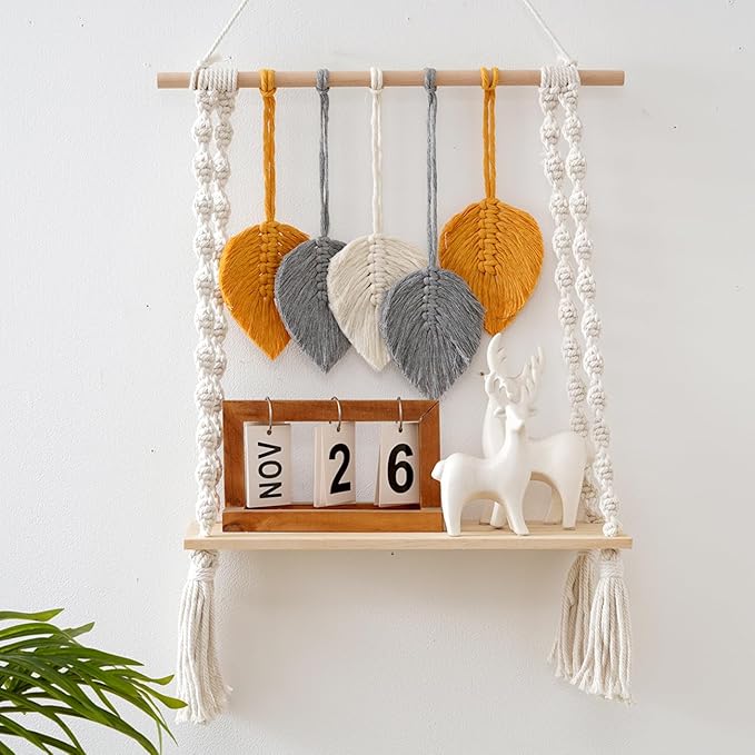 Macrame Wall Hanging Shelf, Bohemian Woven Tapestry Chic Woven Leaf Tassels Home Deco, Boho Handmade Wall Art Floating Shelf for Living Room, Bedroom, Nursery Backdrop, Apartment (White+Yellow+Grey)