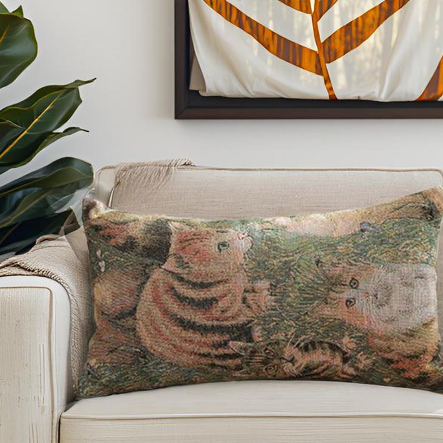 Cute Cat Garden Lumbar Throw Pillow Cover 12x 20, Art Painting Linen Pillow Cushion Cases, Farmhouse Decorative Pillows for Bed, Outdoor Couch Bedroom Car Green