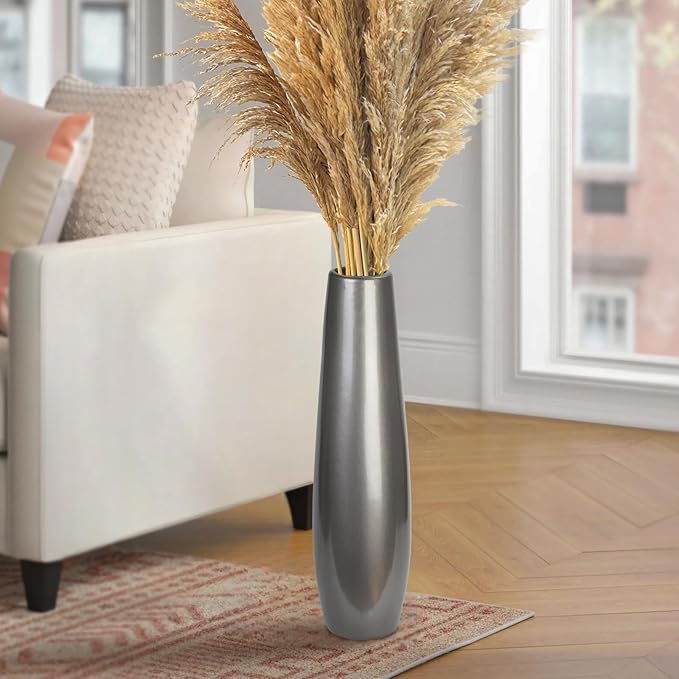 Silvery Ceramic Tall Floor Vase,17.7 Inch Large Modern Flower Vases for Home Décor,Wicker Big Floor Vase Decorations for Farmhouse, Living Room,Bedroom,Standing Plastic Vase Decorative Tall