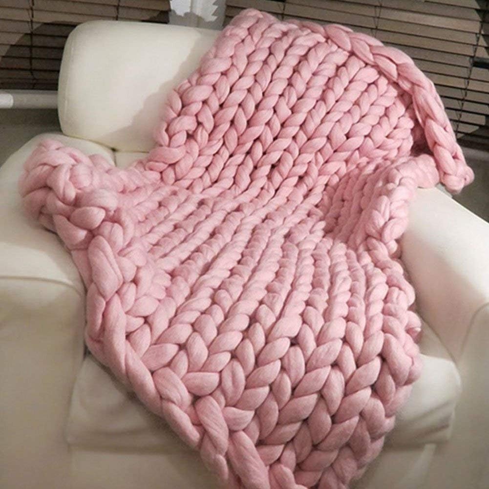 Knit Chunky Blanket Giant Throw Merino Wool Yarn Hand Made Bed Sofa Chair Mat(Pink 40"x60")