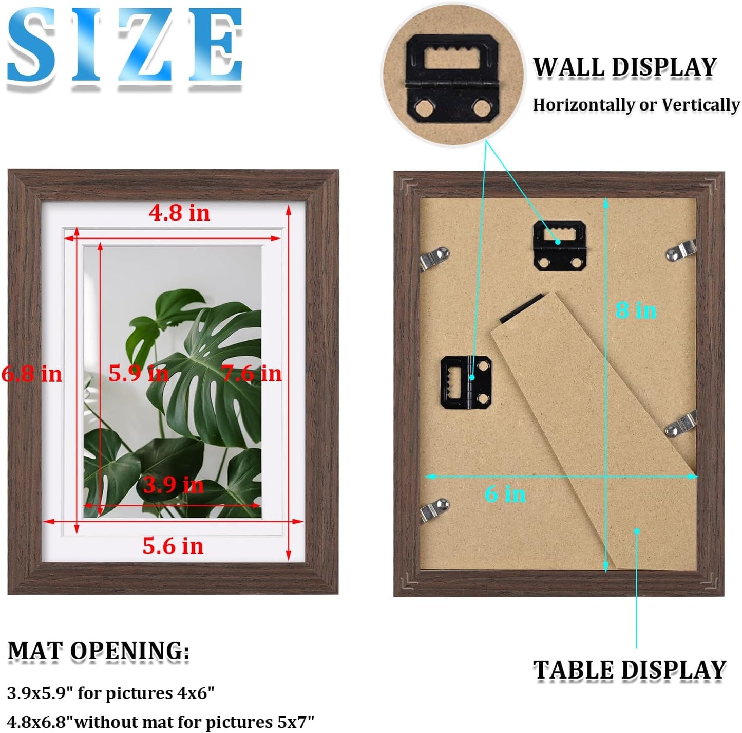 Egofine 6x8 Picture Frames Set of 4, Made of Solid Wood Covered by Plexiglass 4x6 and 5x7 with Mat or 6x8 without Mat, for Table Top Display and Wall Mounting Photo Frame Brown