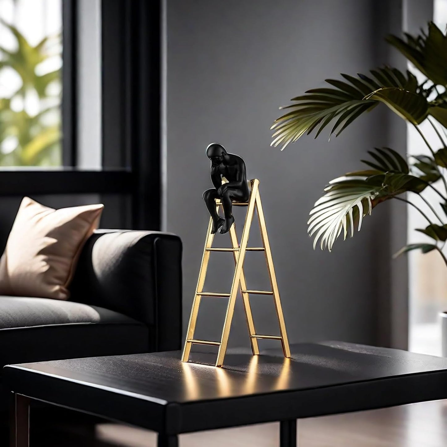 FUNSXBUG The Thinker Statue Thinking Man Statues Sitting on a Ladder Sculptures Collectible Figurine Home Decor Living Room Decoration (Small)