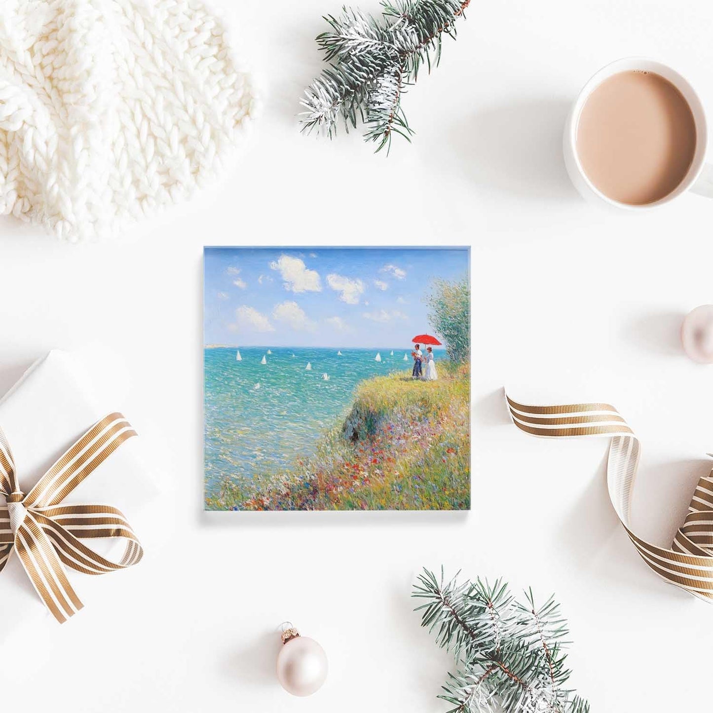 NOHSHE Motivational Desk Decor Hand Painted Painting Summer Coast Scenery Acrylic Desk Decor 4x4 Tabletop Wall Sign - Appreciation Presents for Coworkers - Housewarming Presents