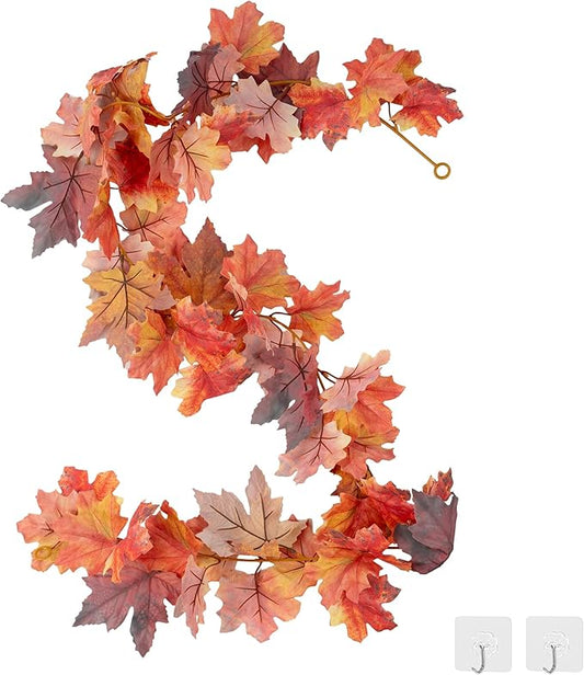 1 Pack 3D Artificial Fall Maple Leaf Garland - 5.7ft Hanging Vine for Mantle, Thanksgiving Decorations for Home, Fireplace, Party, Outdoor, Front Porch Decor