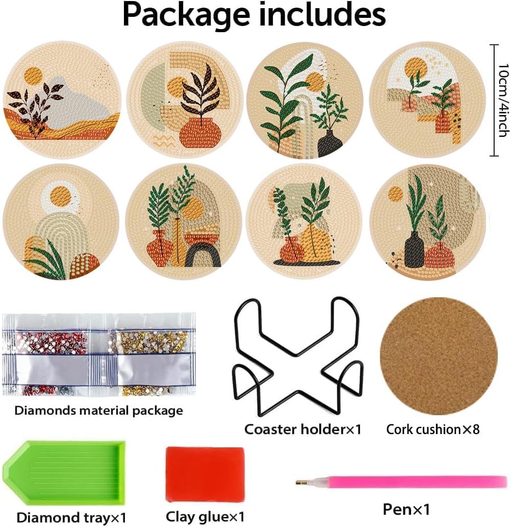 Clendo 8 Pcs Bohemian Style Diamond Painting Coasters Kits for Adults, Abstract Landscape Diamond Art Coasters for Beginners with Holder, Small Diamond Painting Kits for Adults Art Craft Supplies